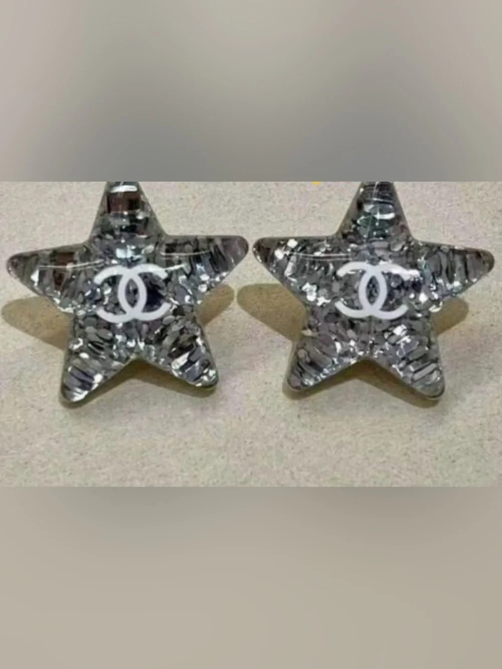 CHANEL White CC Silver Glitter Resin Star Studs
